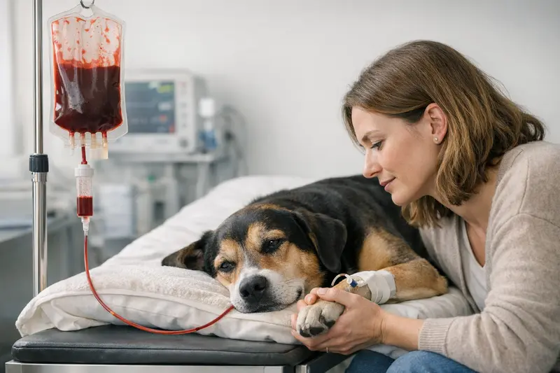 Bluttransfusion Hund Kosten Ein Hund wird in einer Tierklinik behandelt, während eine Bluttransfusion durchgeführt wird.