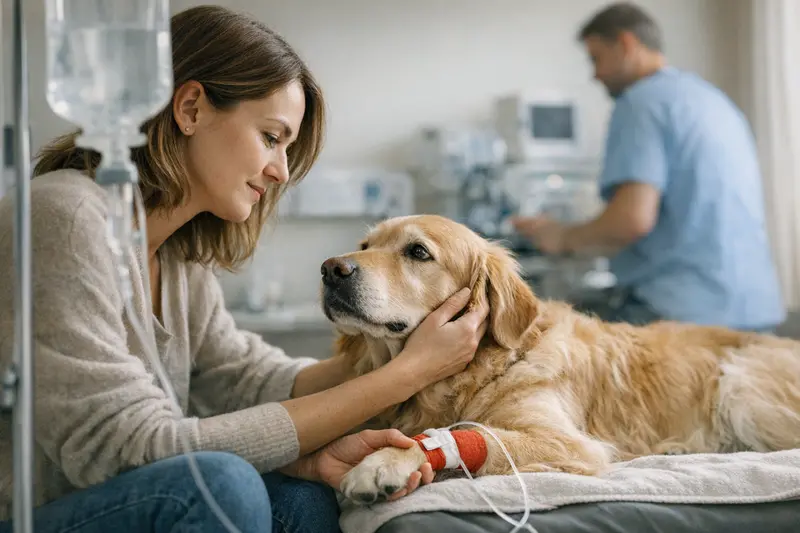 Hund in Tierklinik Ein Hund wird in einer Tierklinik untersucht, um Notfallbehandlungen zu besprechen.