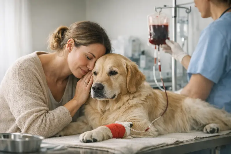 Hund bei Bluttransfusion in der Tierarztpraxis Bild eines Hundes während einer Bluttransfusion im Tierarztzimmer.
