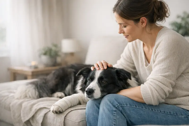 Hundeversicherung: Ab wann greift die Versicherung? Ein Border Collie beim Tierarzt, umgeben von Versicherungsunterlagen.