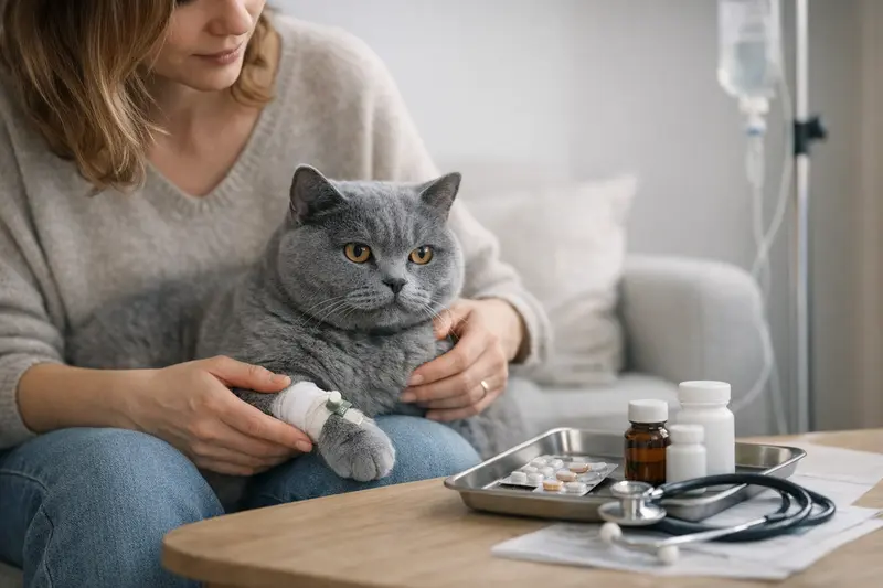Britisch Kurzhaar Katze mit Tierarztrechnungen Eine Britisch Kurzhaar-Katze sitzt entspannt auf einem Schreibtisch, während hinter ihr Tierarztrechnungen sichtbar sind.