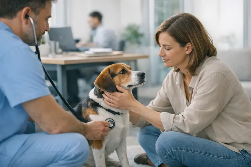 Ein glücklicher Bürohund mit einem Tierarzt im Hintergrund, symbolisiert die Bedeutung einer Tierkrankenversicherung.