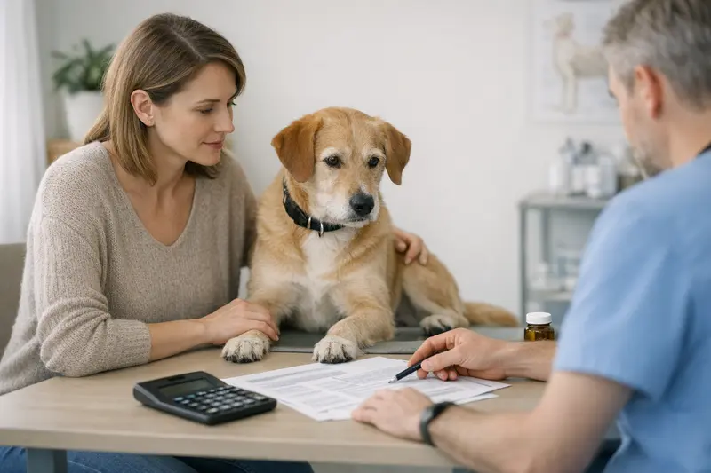 Tarifdetails Hundekrankenversicherung Eine Hundebesitzerin bespricht die Tarifdetails ihrer Tierkrankenversicherung mit einem Fachmann.