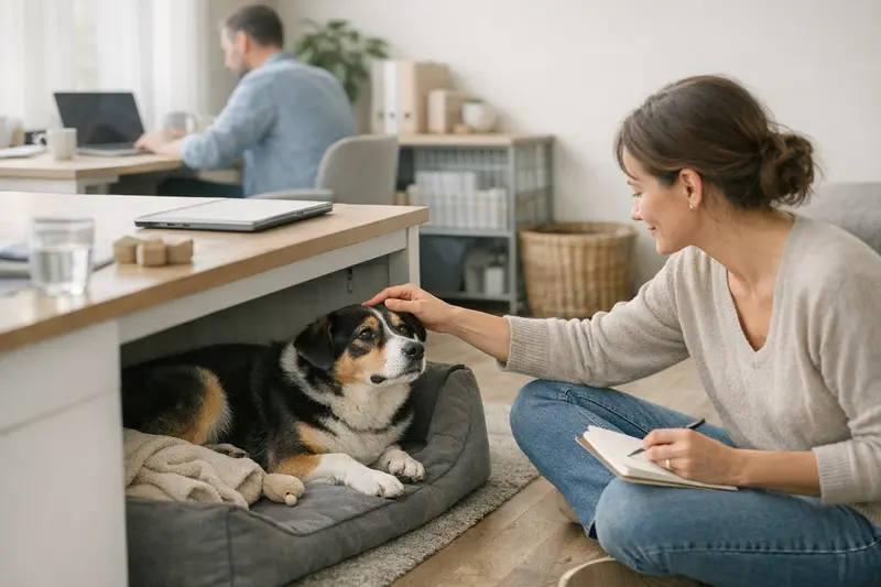 Ein Hund entspannt in einem Büro, umgeben von einem sicheren Setup und klaren Regeln für Tierarztbesuche.