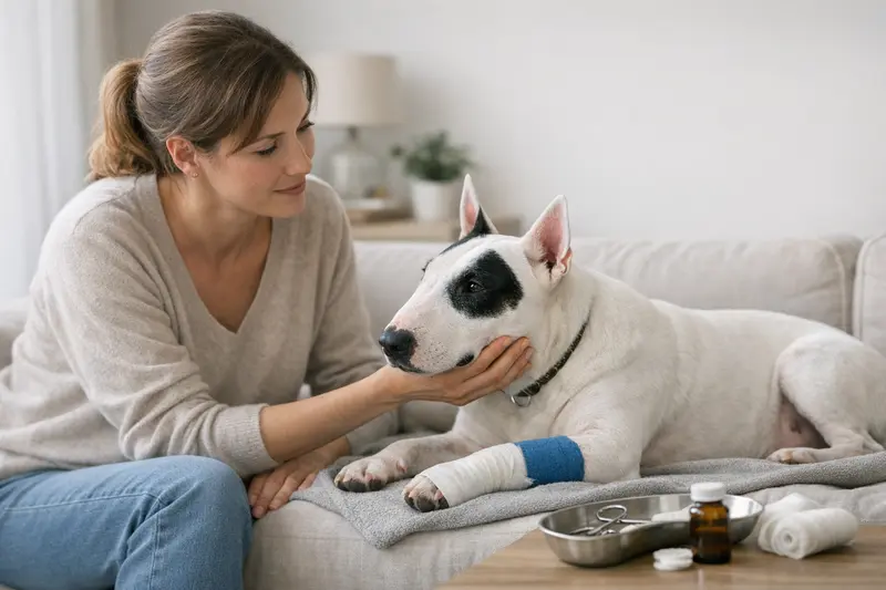 Bullterrier und OP-Versicherung Bullterrier untersucht beim Tierarzt, passend zur OP-Versicherung.
