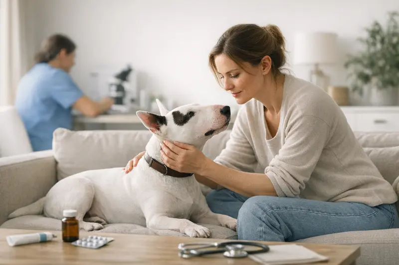 Bullterrier beim Tierarzt Bullterrier beim Tierarzt zur Untersuchung, passend zur Frage über Krankenversicherung und OP-Schutz