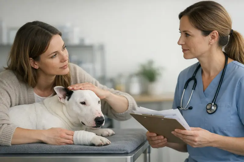 Ein Bullterrier beim Tierarzt zur Untersuchung seiner gesundheitlichen Beschwerden.