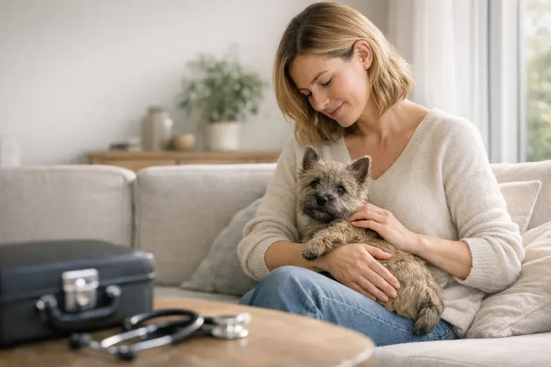 Ein gesunder Cairn Terrier spielt im Garten, ideal für eine Hundeversicherung.
