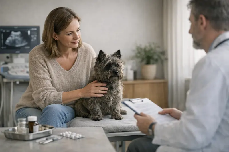 Cairn Terrier beim Tierarzt Ein Cairn Terrier beim Tierarzt zur Untersuchung nach einer OP.