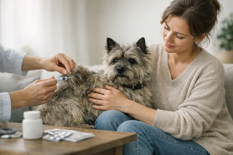 Cairn Terrier beim Tierarzt, der über Impfungen und Vorsorgeleistungen informiert wird.