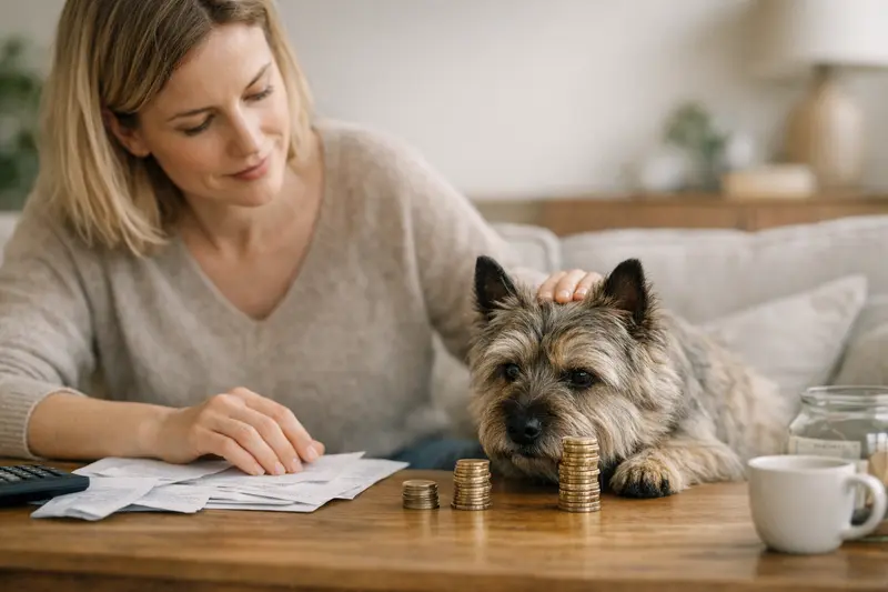 Selbstbeteiligung bei Hundeversicherungen Ein glücklicher Hund mit Tierarztkosten-Dokumenten, die eine Selbstbeteiligung darstellen.
