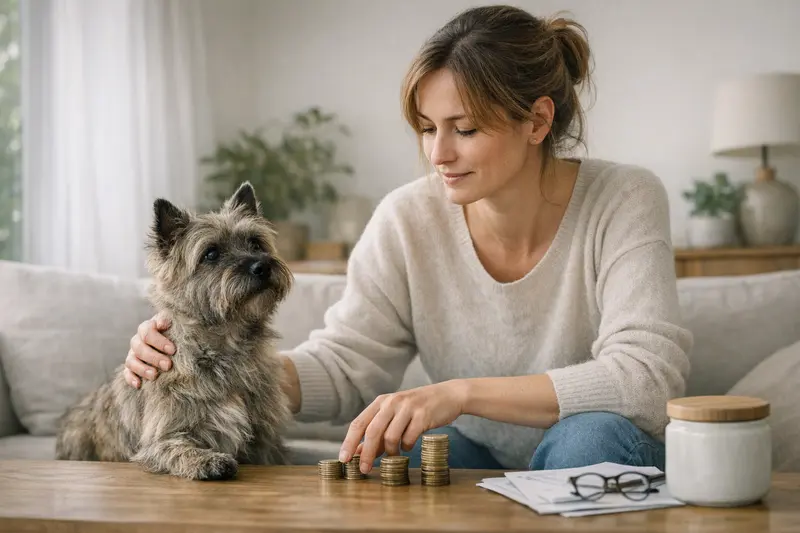 Selbstbeteiligung bei Hundeversicherungen Cairn Terrier mit Tierarzt und Rechnung, die die Selbstbeteiligung behandelt.