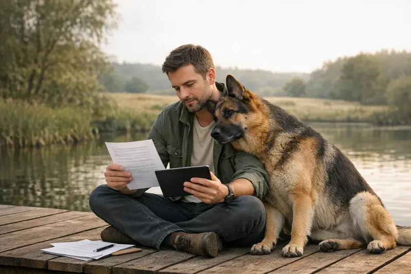Hundekrankenversicherung Tarifvergleich Eine Person, die mit ihrem Hund beim Tierarzt spricht, während sie wichtige Versicherungsdetails für die Hundekrankenversicherung prüft.