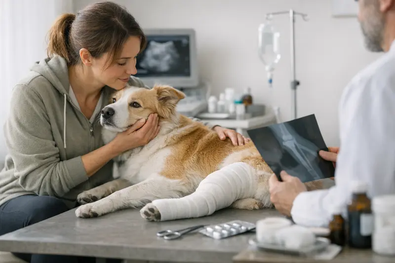 Ein Hund bei der tierärztlichen Untersuchung nach einer Sportverletzung.
