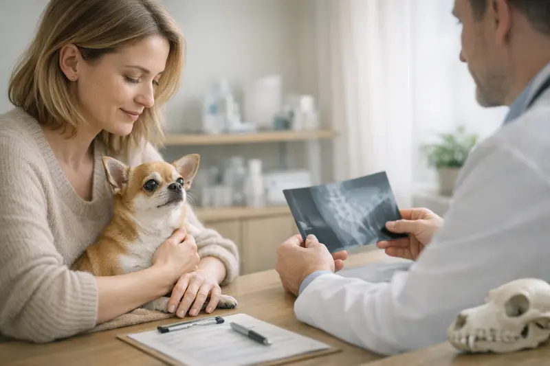 Chihuahua Gesundheitsuntersuchung Ein Chihuahua beim Tierarzt, während einer Untersuchung zur Gesundheit des Hundes.