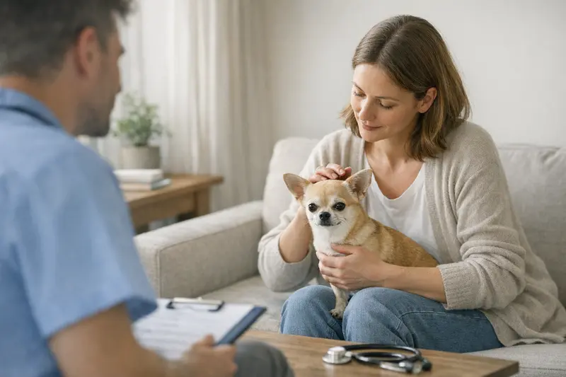 Ein Chihuahua mit strahlendem Fell sitzt aufmerksam und zeigt seine lebendige Persönlichkeit, während sein Besitzer über eine Krankenversicherung nachdenkt.