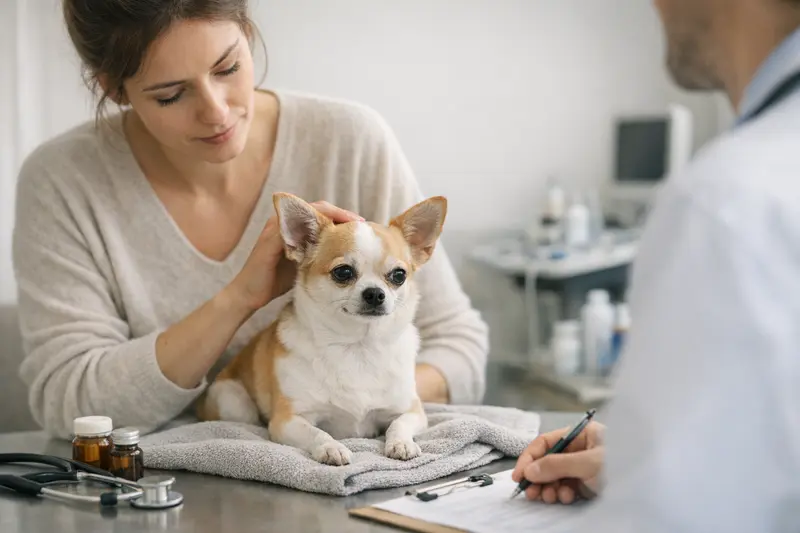 Chihuahua Tierarztbesuch zur Gesundheitsüberprüfung Ein Chihuahua auf dem Sofa, der sich eines tierärztlichen Checks unterzieht