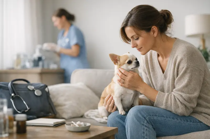 Ein Chihuahua sitzt vor einem Tierarzt, symbolisiert die Überlegung zu OP-Schutz und Krankenversicherung.