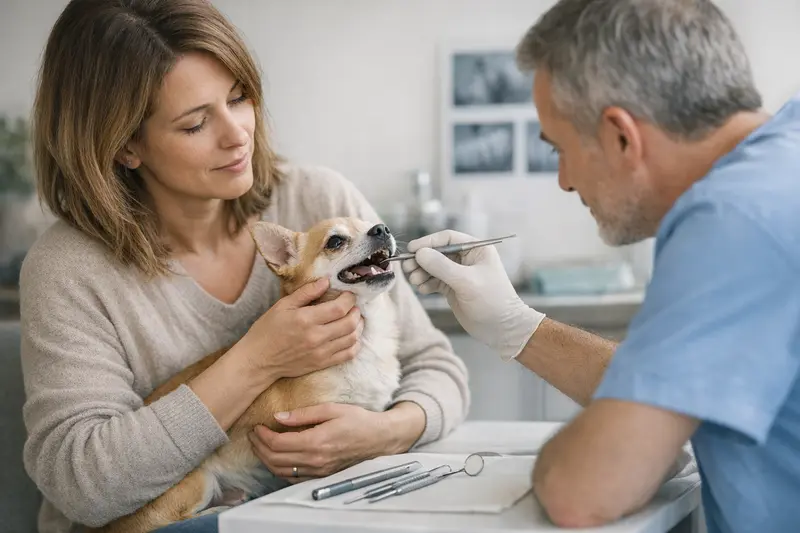 Hund beim Tierarzt während einer Zahnuntersuchung.