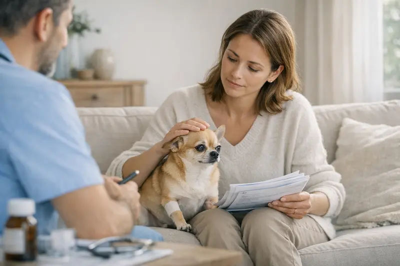Hundeuntersuchung beim Tierarzt Ein Hund, der beim Tierarzt untersucht wird, um Vorerkrankungen zu klären.