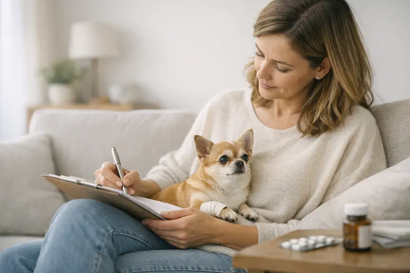 Ein Hundebesitzer spricht mit einem Tierarzt über die Gesundheit seines Hundes und mögliche bereits bekannte Erkrankungen.
