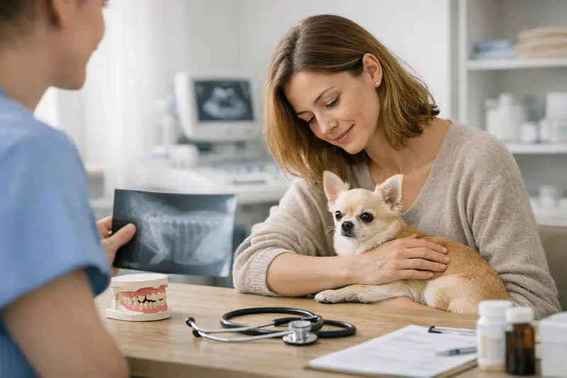 Wichtige Tarifdetails bei Chihuahuas Chihuahua während einer tierärztlichen Untersuchung, wichtig für die Tarife der Hundekrankenversicherung.