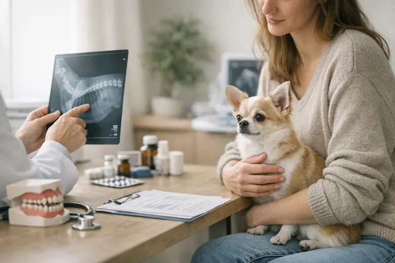 Wichtige Tarifdetails für Chihuahuas Eine Chihuahua-Hündin bei einer tierärztlichen Untersuchung, fokussiert auf die wichtige Diagnostik und Behandlung.
