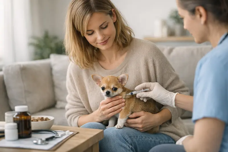 Impfungen in der Hundekrankenversicherung Eine entspannte Hundebesitzerin beim Tierarzt mit ihrem Chihuahua-Welpen zur Impfberatung.