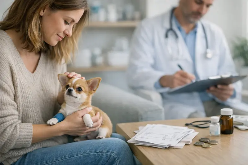 Welpe beim Tierarzt Welpe beim Tierarzt, um die Selbstbeteiligung der Hundekrankenversicherung zu besprechen.