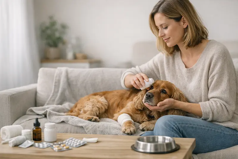Nachbehandlungen und Medikamente bei Hundeversicherungen Hunde mit Tierarzt, der eine Nachbehandlung prüft.