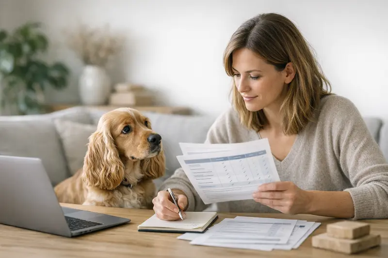 Tarife sinnvoll vergleichen für Hundeversicherungen Hundehalter vergleicht Versicherungsangebote für seinen Cocker Spaniel auf dem Smartphone.