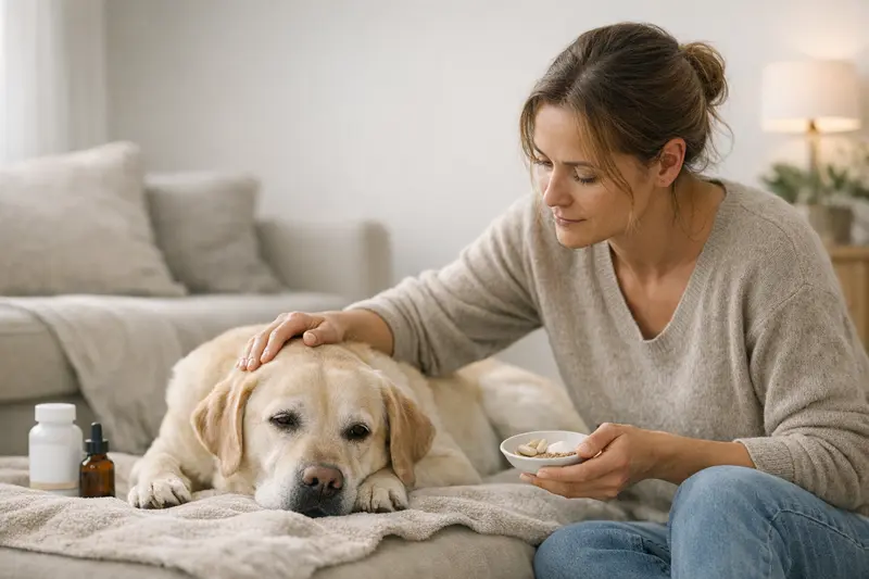 Ein Hund liegt entspannt auf einem Bett, während eine Person ein Prä- und Probiotikum in der Hand hält.