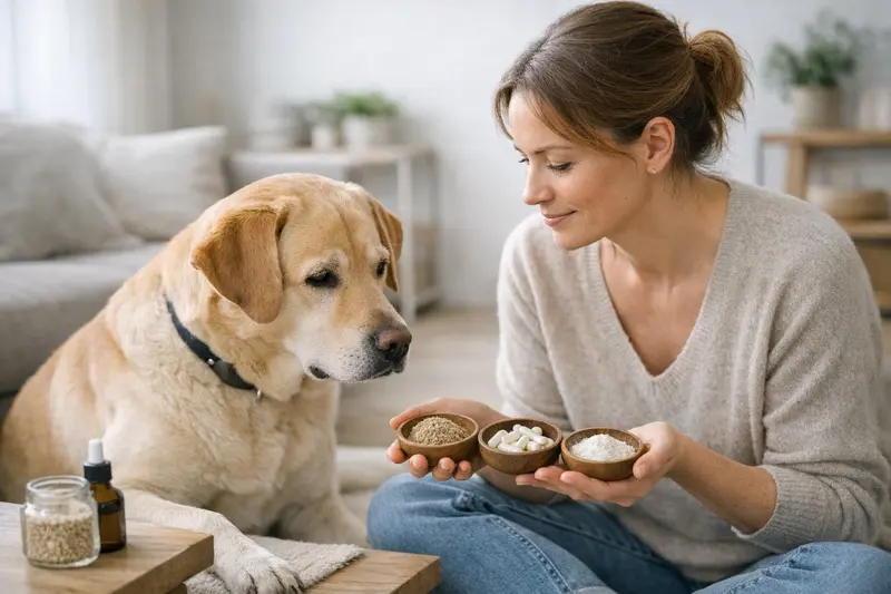 Prä- und Probiotika für Hunde Ein Hund erhält Präbiotika und Probiotika zur Unterstützung der Darmgesundheit.