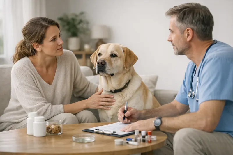 Hund mit Verdauungsproblemen wird von Tierarzt untersucht.