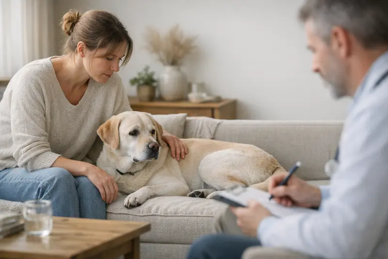 Hund auf Untersuchungstisch beim Tierarzt Hund, der bei einem Tierarzt untersucht wird, um akute oder chronische Gesundheitsprobleme zu erkennen.