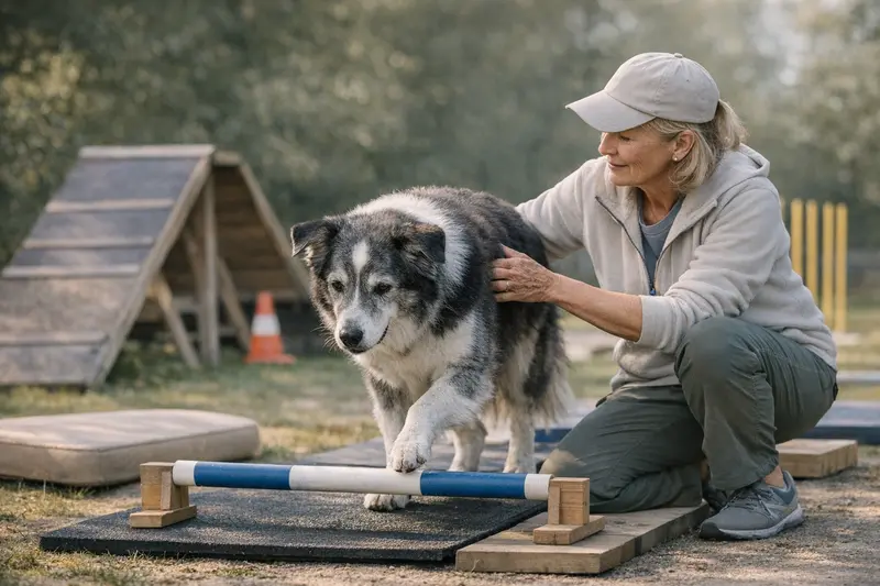 Degility für ältere Hunde Älterer Hund, der an einer Degility-Übung mit kontrollierten, niedrigen Elementen teilnimmt.