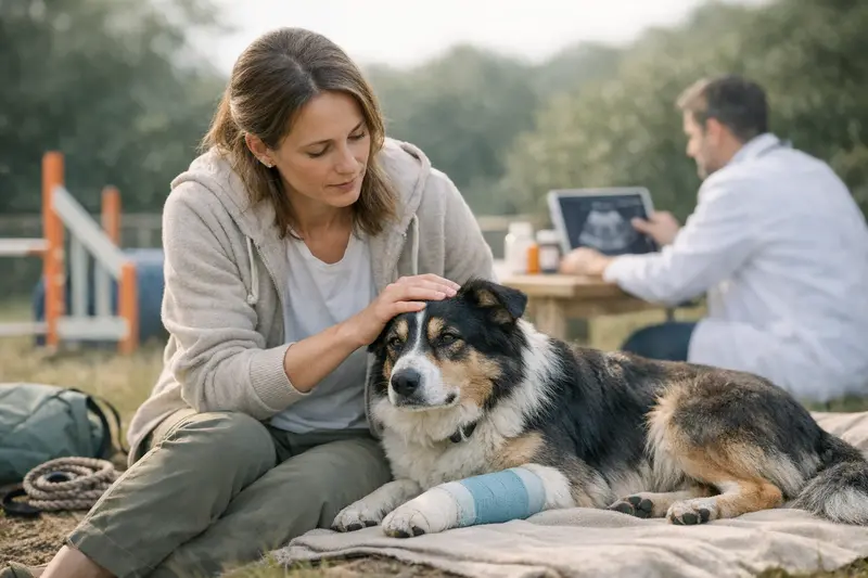 Aktiver Hund im Park während einer Untersuchung beim Tierarzt zur Gesundheitsvorsorge.