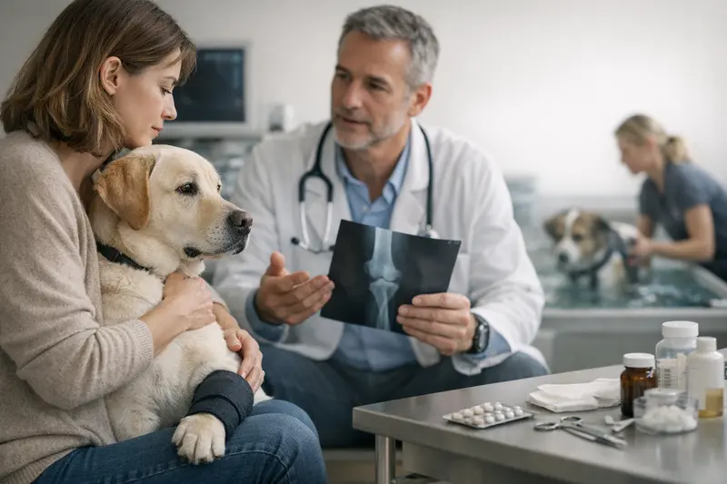 Tierarztuntersuchung Hund Ein Hund wird beim Tierarzt untersucht, um mögliche Ursachen für Lahmheit zu diagnostizieren.