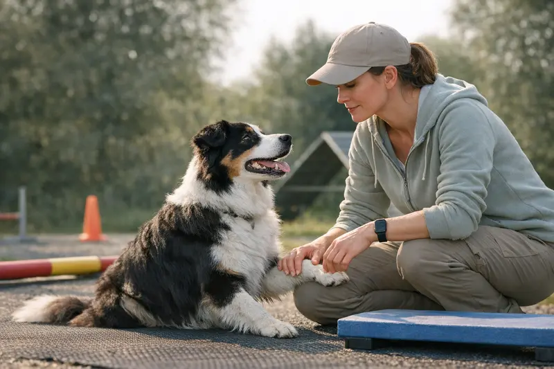 Ein Hund trainiert sicher auf einem rutschfesten Untergrund mit stabilen Elementen.
