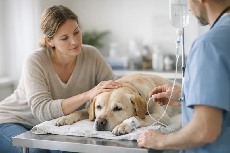 Hund beim Tierarzt – Dehydration Untersuchung Ein Hund beim Tierarzt, der auf Anzeichen von Dehydration untersucht wird.