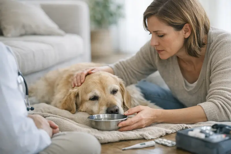 Notfall Dehydration bei Hunden Ein apathischer Hund mit Dehydrationszeichen erfordert sofortige tierärztliche Hilfe.