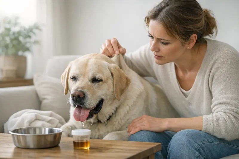Erste Anzeichen von Dehydration bei Hunden Ein Hund mit trockenen Lippen und matt aussehend, Anzeichen von Dehydration zeigend.