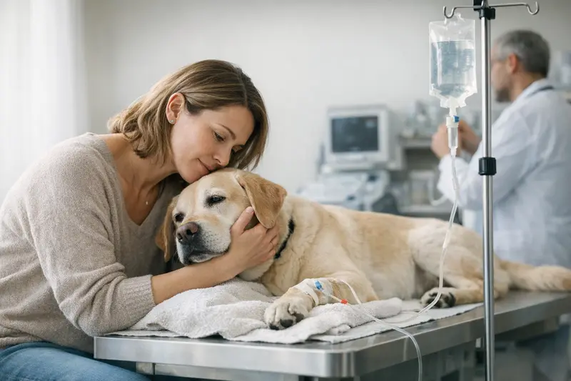 Ein Hund erhält beim Tierarzt eine Infusion gegen Dehydration.