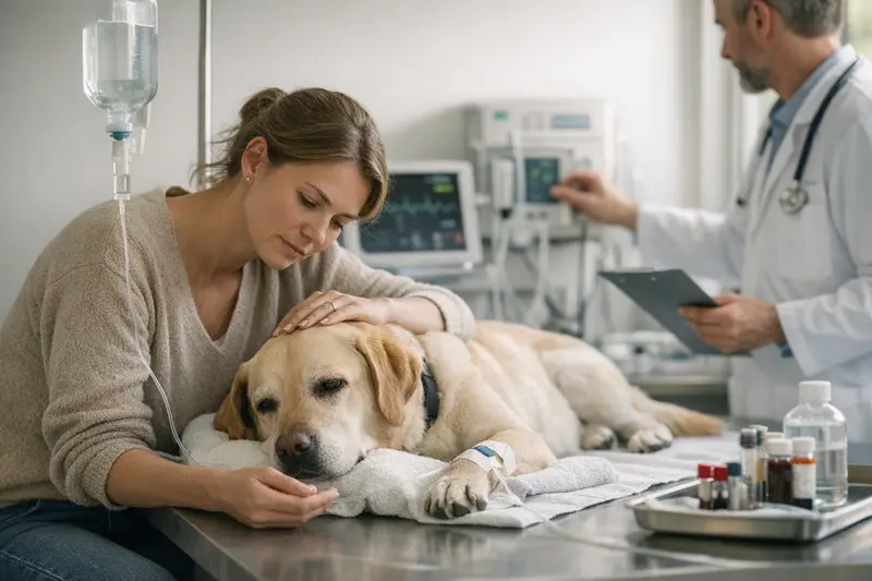 Tierarztleistungen bei Hundedehydration Tierarzt untersucht einen Hund mit Dehydrationssymptomen und prüft den Kreislauf.