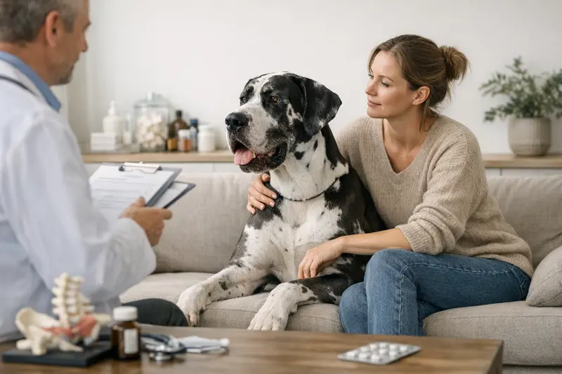 Eine Deutsche Dogge beim Tierarzt zur Beratung über Versicherungsoptionen für große Hunde.