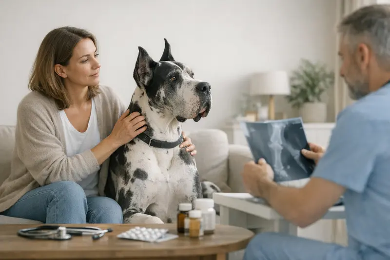 Eine Deutsche Dogge beim Tierarzt zur Untersuchung, die verschiedene Versicherungsoptionen für Haustiere beleuchtet.