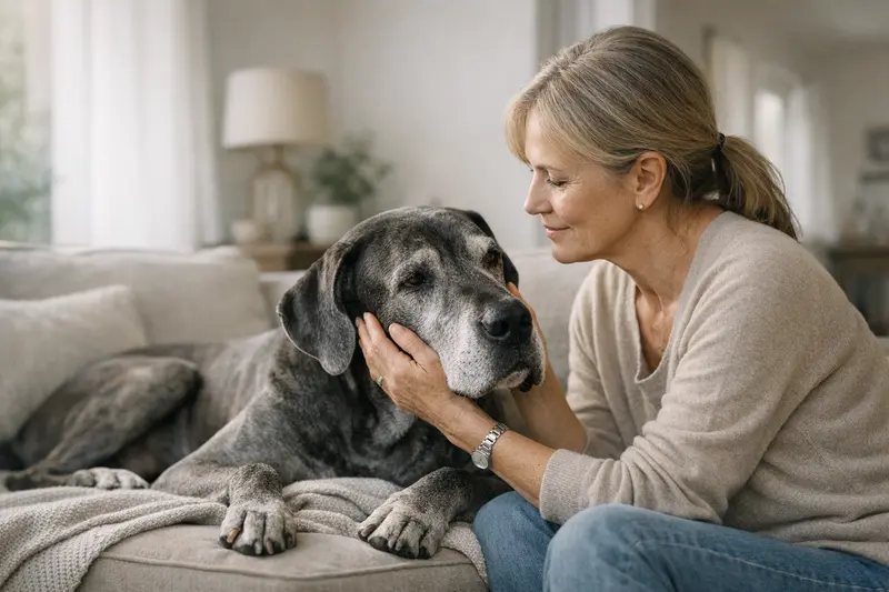 Alter und Hundeversicherung Ein älterer Hund liegt entspannt auf dem Sofa, während seine Besitzerin ihm liebevoll den Kopf streichelt, symbolisch für die Bedeutung einer frühen Hundeversicherung.