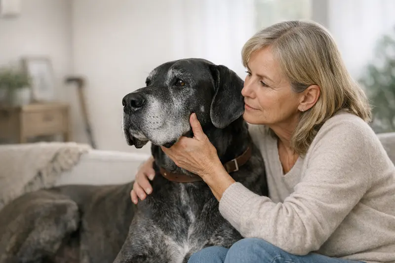 Hundeversicherung und Alter bei Abschluss Älterer Hund lächelt während der tierärztlichen Untersuchung, wichtig für Versicherungsentscheidungen.