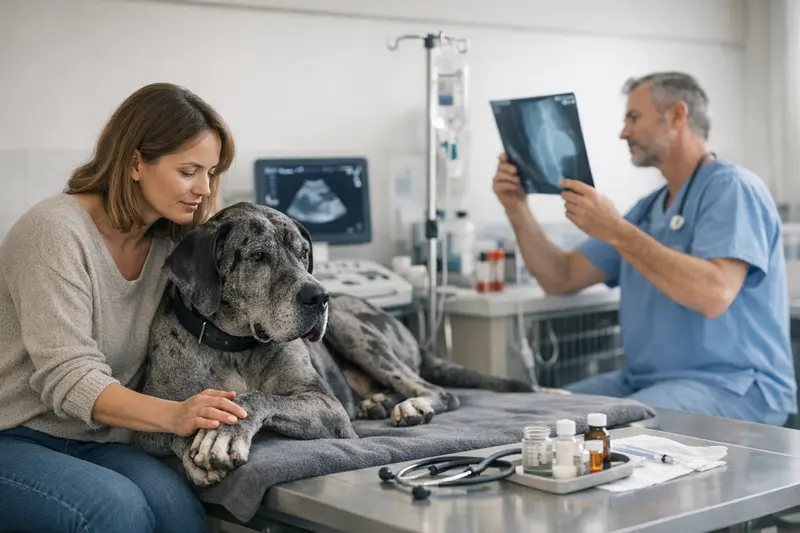 Tierarztkosten für große Hunde Ein großer Hund beim Tierarzt, umgeben von medizinischen Geräten und einem Tierarzt, der eine Untersuchung durchführt.