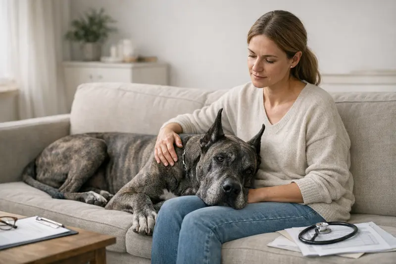 Ein Hund im Tierarztbesuch, der auf rassetypische Risiken bezüglich seiner Versicherung überprüft wird.